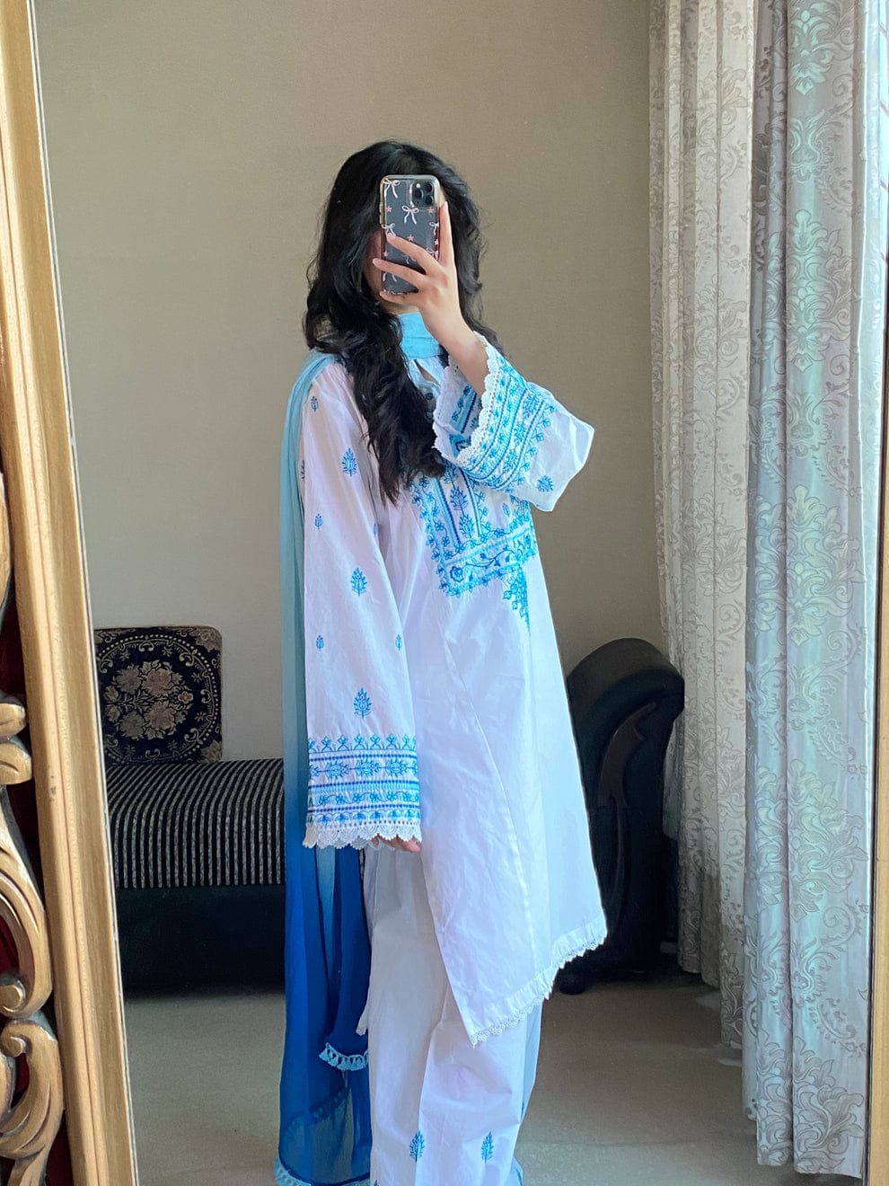 WINTER WHITE/BLUE 3PC ( FARSHI SHALWAR)